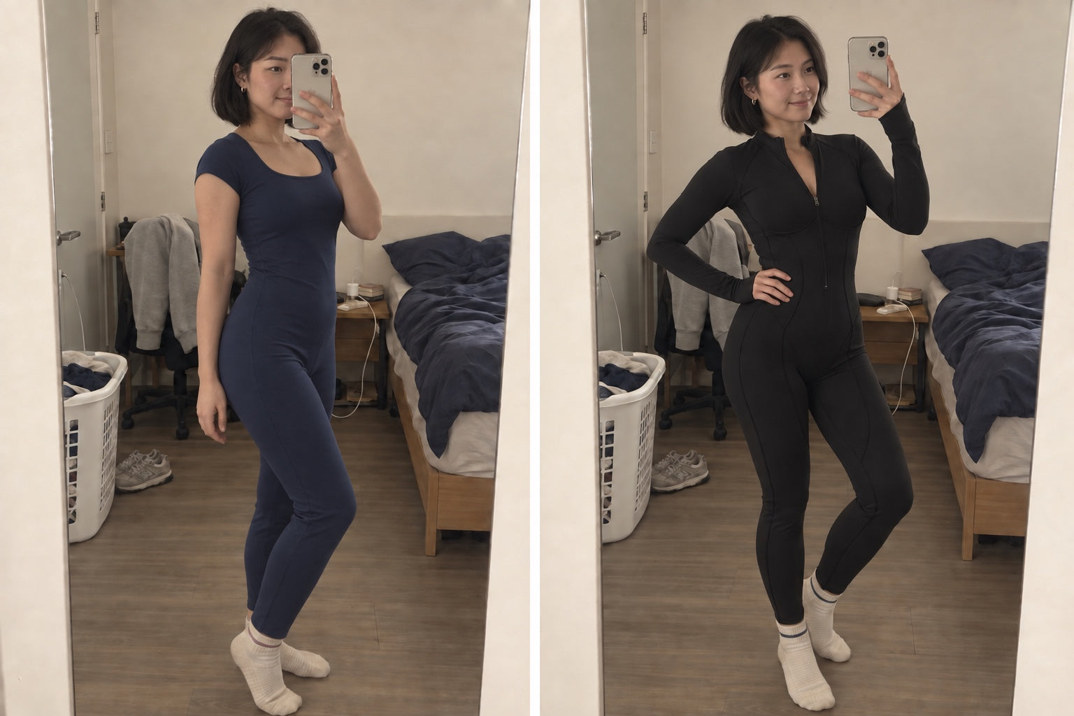 Basic fitted jumpsuit in a bedroom mirror