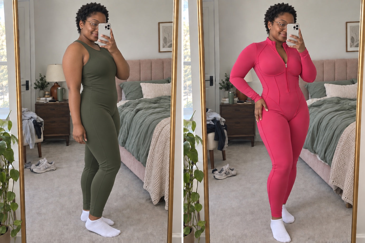Basic fitted jumpsuit in a bedroom mirror