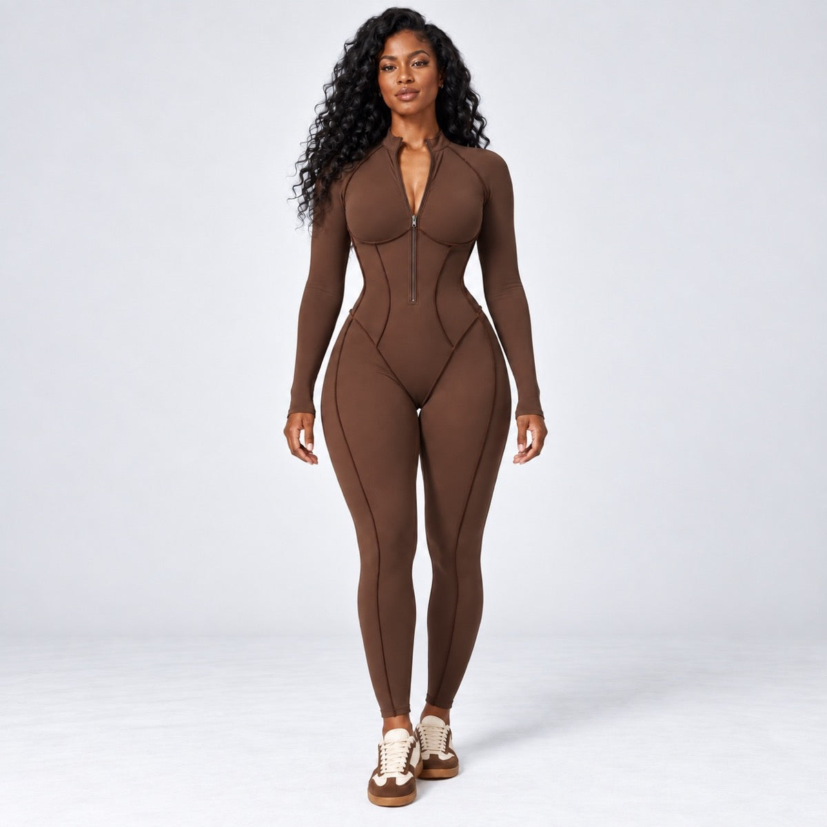 Brown Anywhere Jumpsuit in a standing pose.
