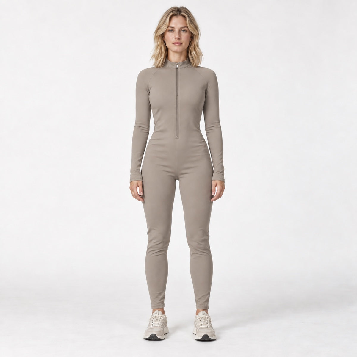 Illustration of a plain taupe one-piece on the same model.
